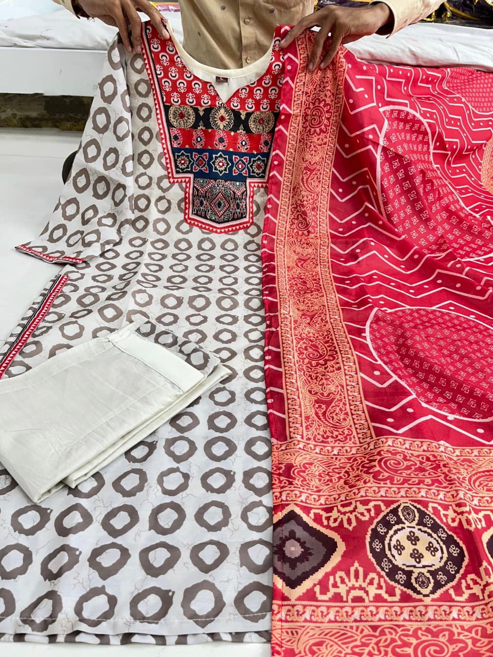 Cream Beige Embroidered Kurti Set with Dupatta