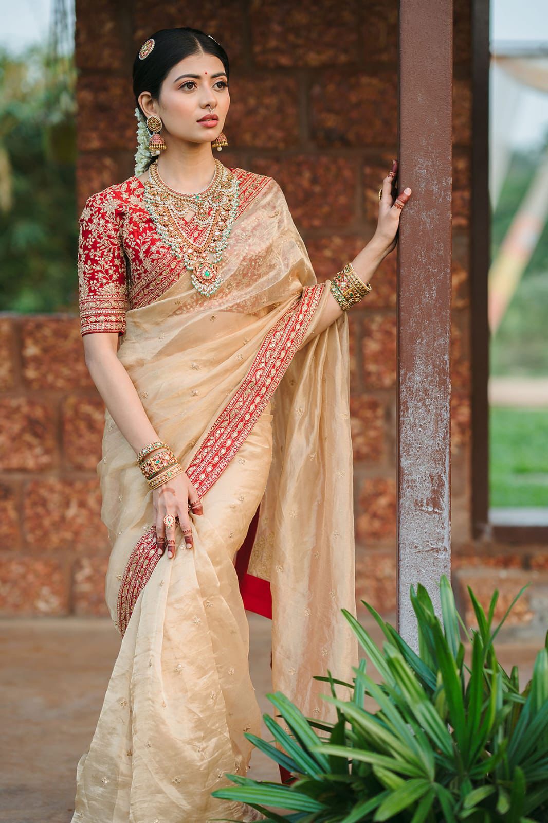 Beige Silk Saree with Red Embroidered Border & Contrasting Blouse.