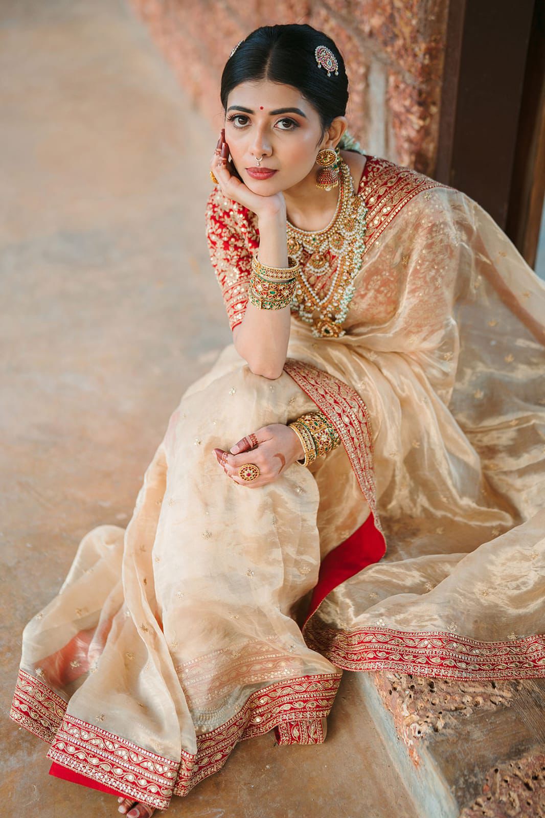 Beige Silk Saree with Red Embroidered Border & Contrasting Blouse.