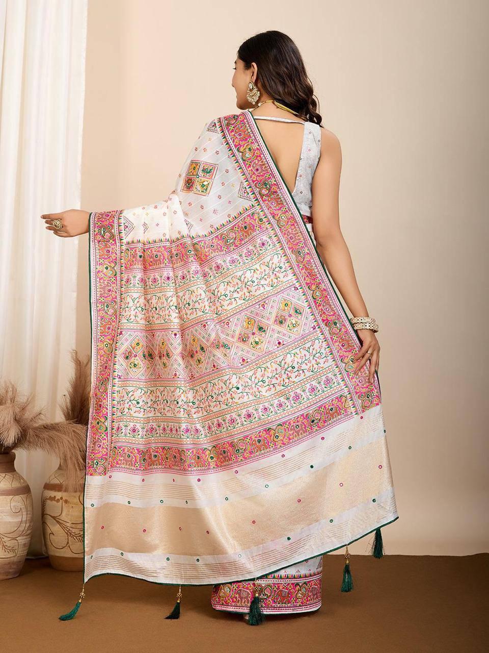 Pearl White Patola Silk Saree with Multicolour Motifs