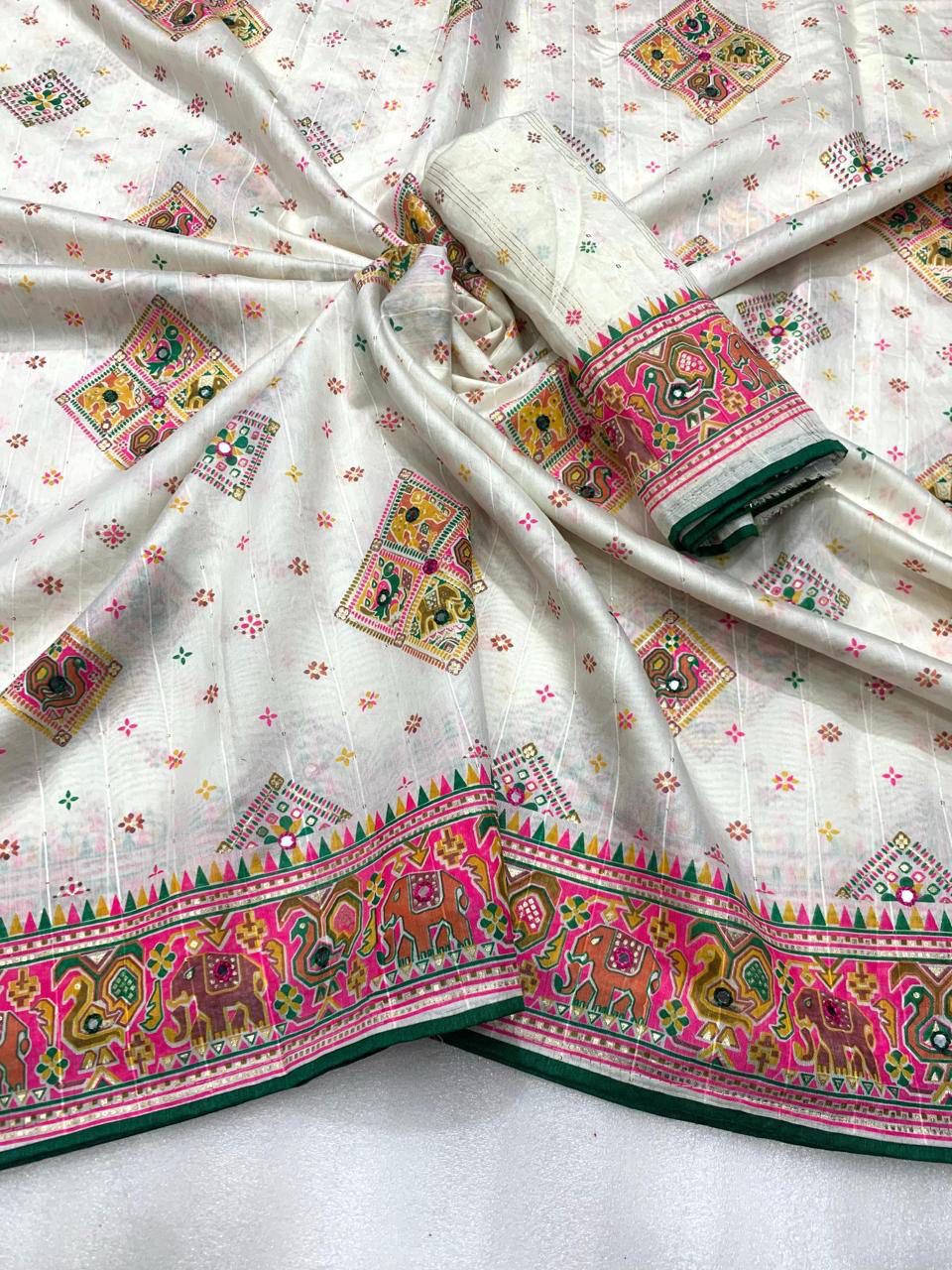 Pearl White Patola Silk Saree with Multicolour Motifs
