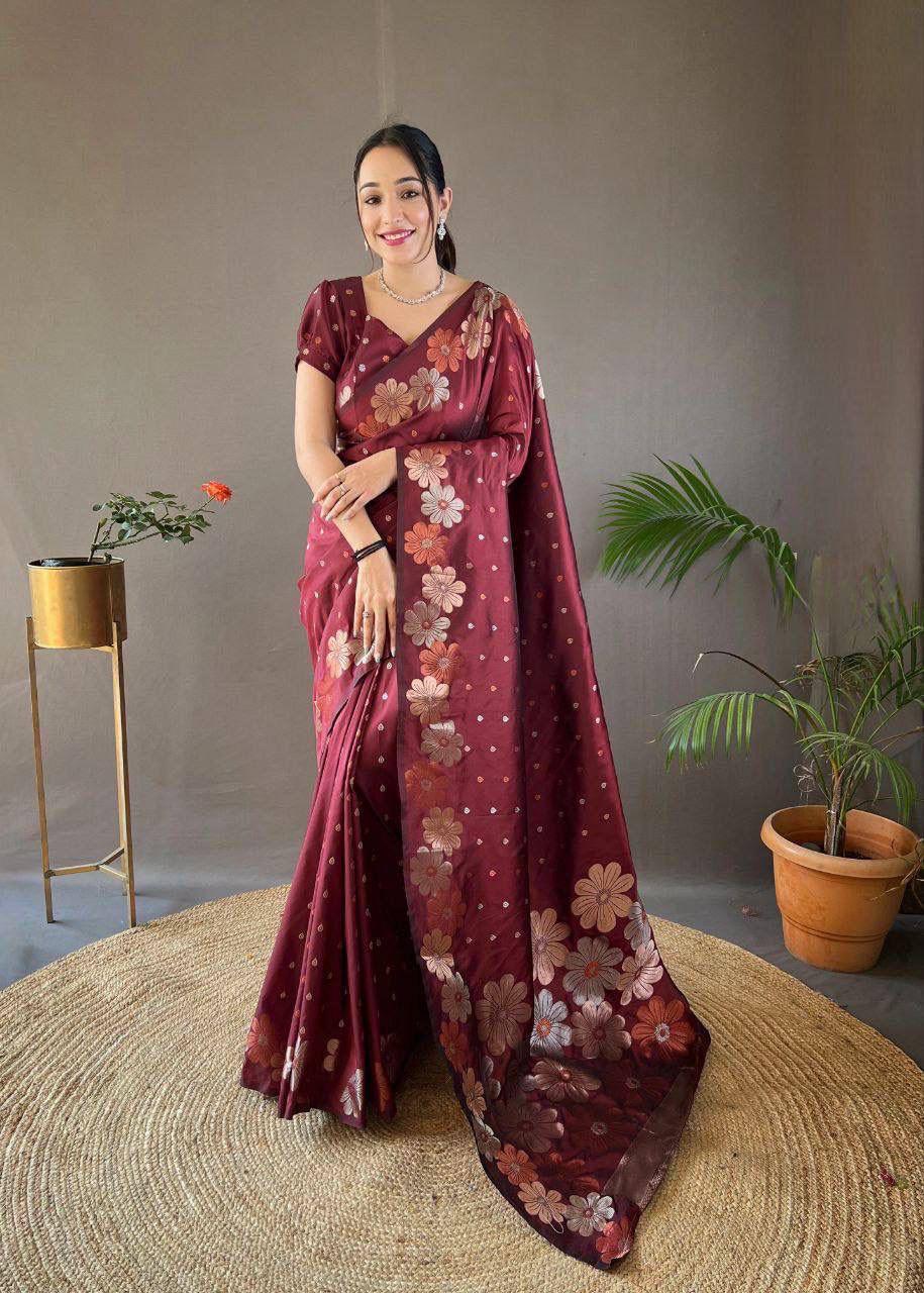 Elegant Floral Lichi Silk Saree with Matching Blouse Piece.