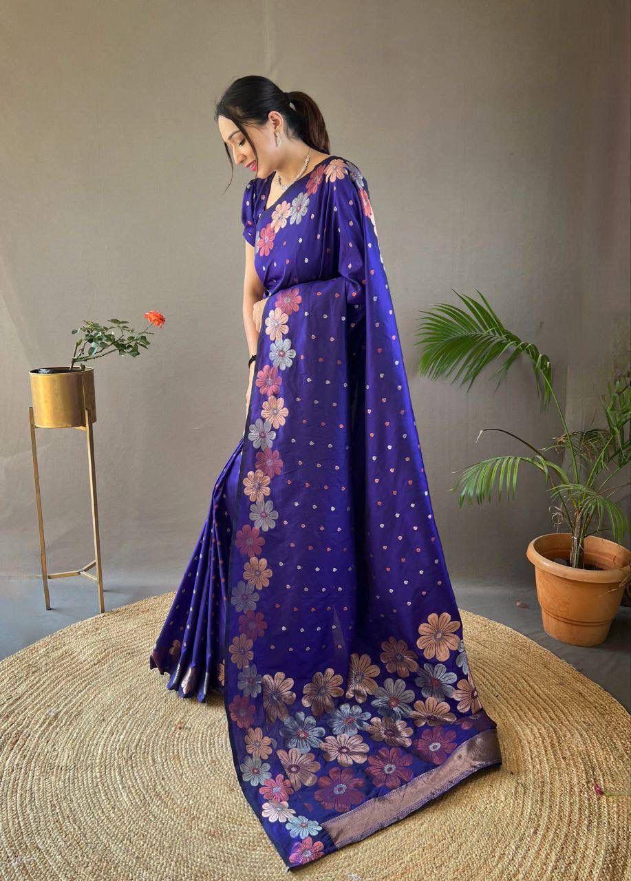 Elegant Floral Lichi Silk Saree with Matching Blouse Piece.