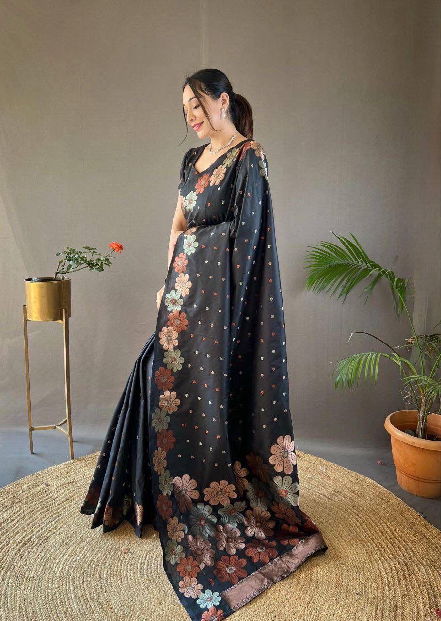 Elegant Floral Lichi Silk Saree with Matching Blouse Piece.