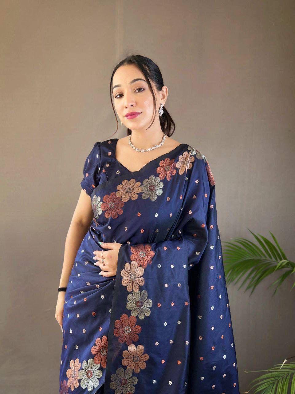 Elegant Floral Lichi Silk Saree with Matching Blouse Piece.