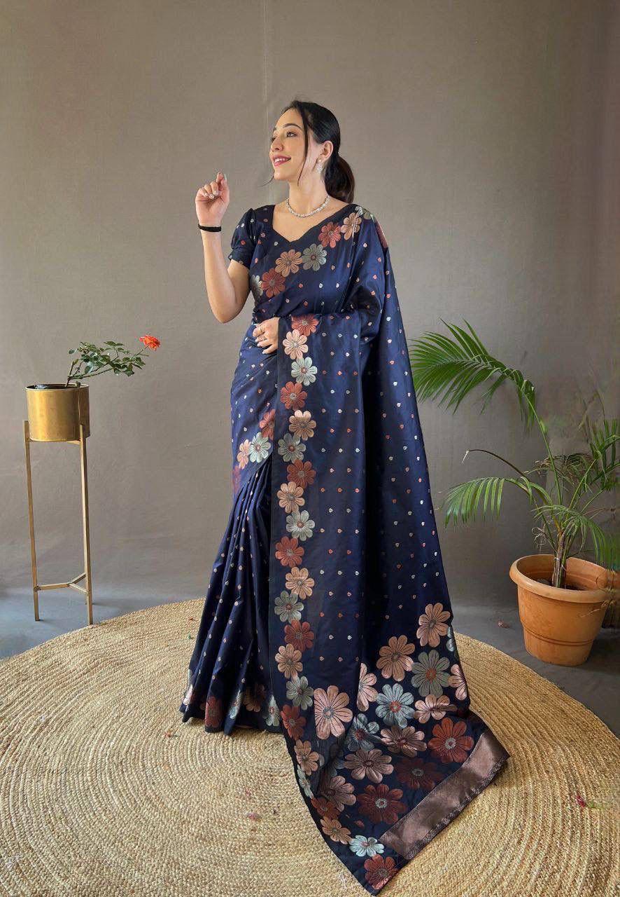 Elegant Floral Lichi Silk Saree with Matching Blouse Piece.