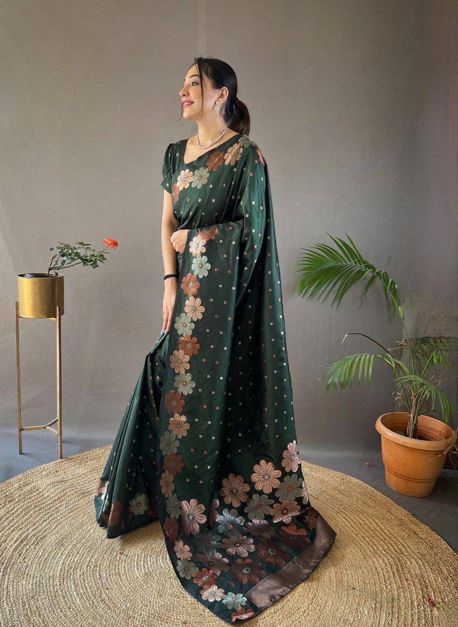 Elegant Floral Lichi Silk Saree with Matching Blouse Piece.