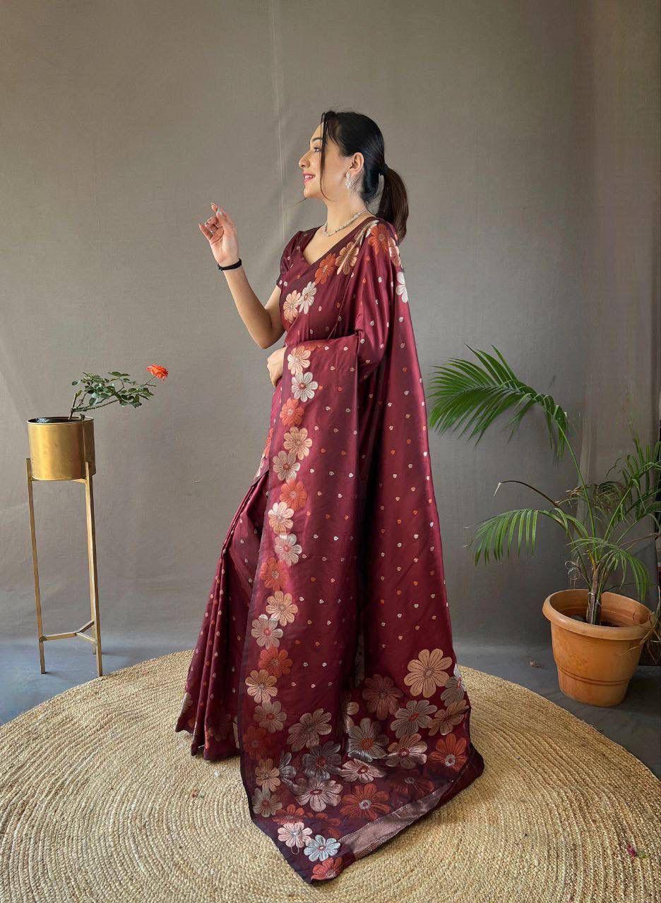 Elegant Floral Lichi Silk Saree with Matching Blouse Piece.