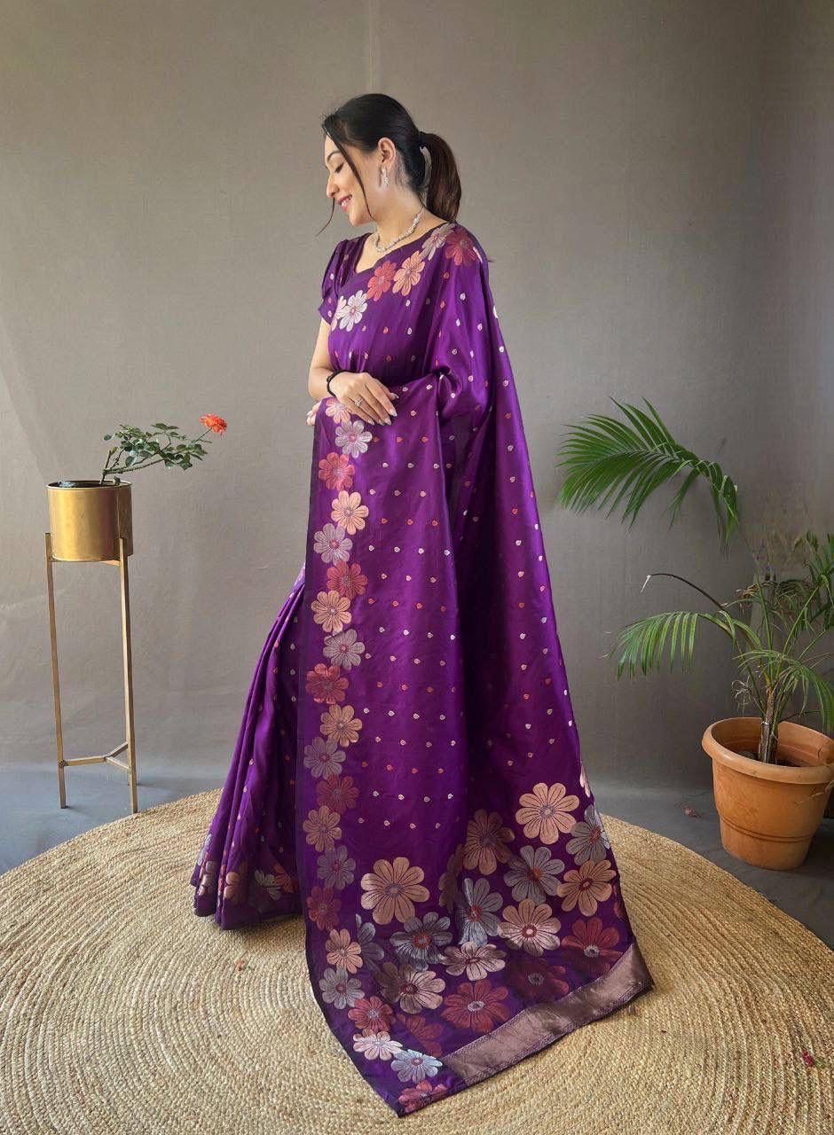 Elegant Floral Lichi Silk Saree with Matching Blouse Piece.