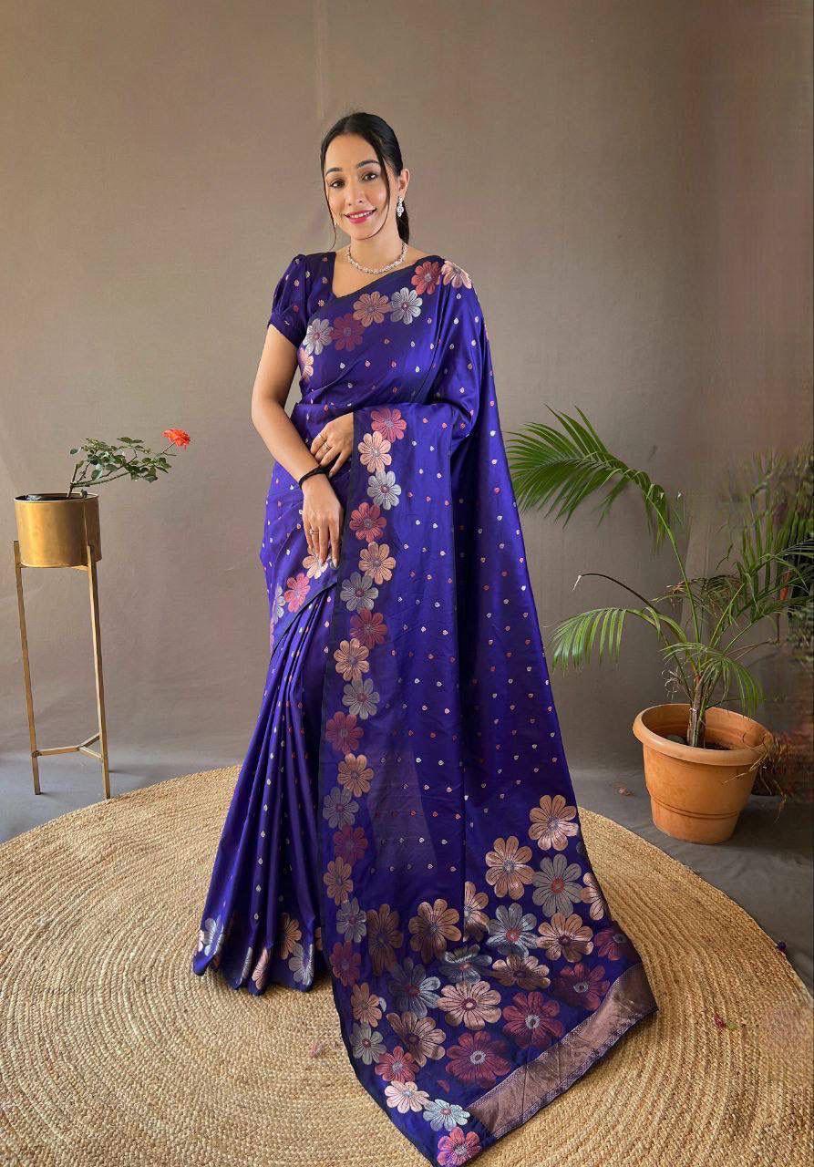 Elegant Floral Lichi Silk Saree with Matching Blouse Piece.