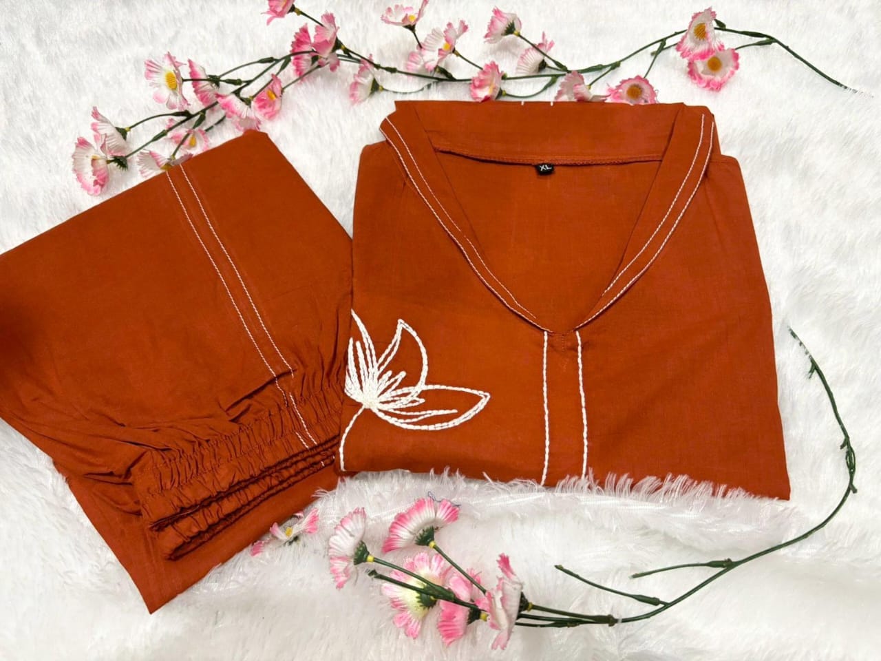 Minimalist Floral Embroidered Co-Ord Set in Cotton