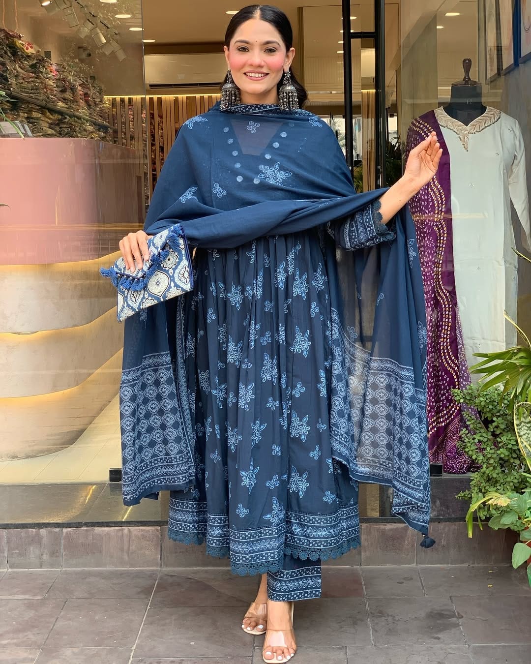 Indigo Anarkali Kurti Set with Mirror & Floral Block Print Detailing.
