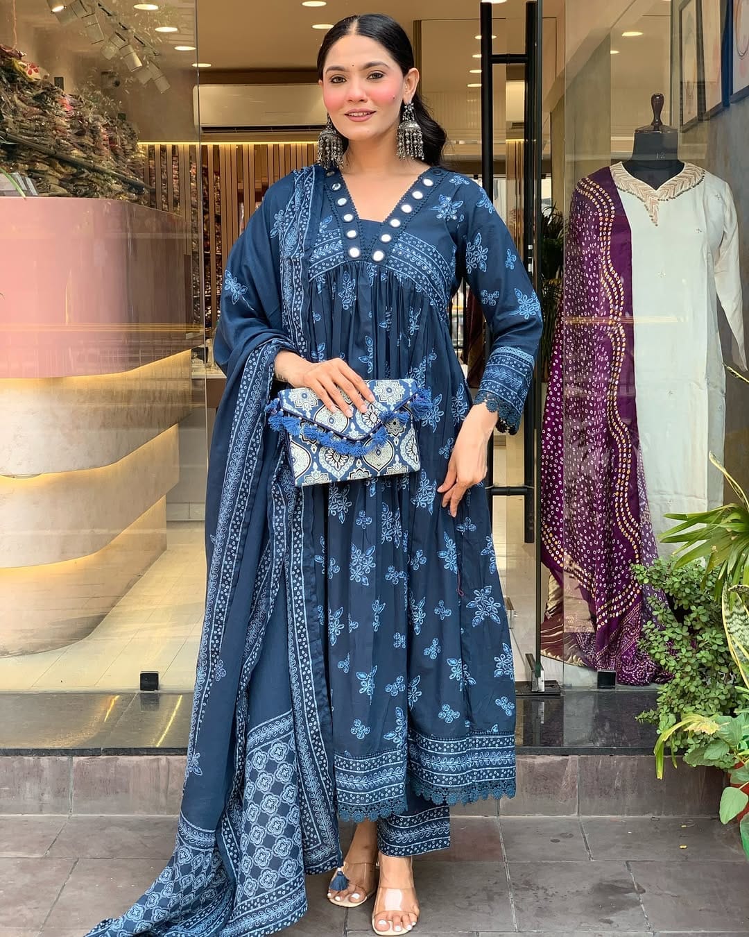 Indigo Anarkali Kurti Set with Mirror & Floral Block Print Detailing.