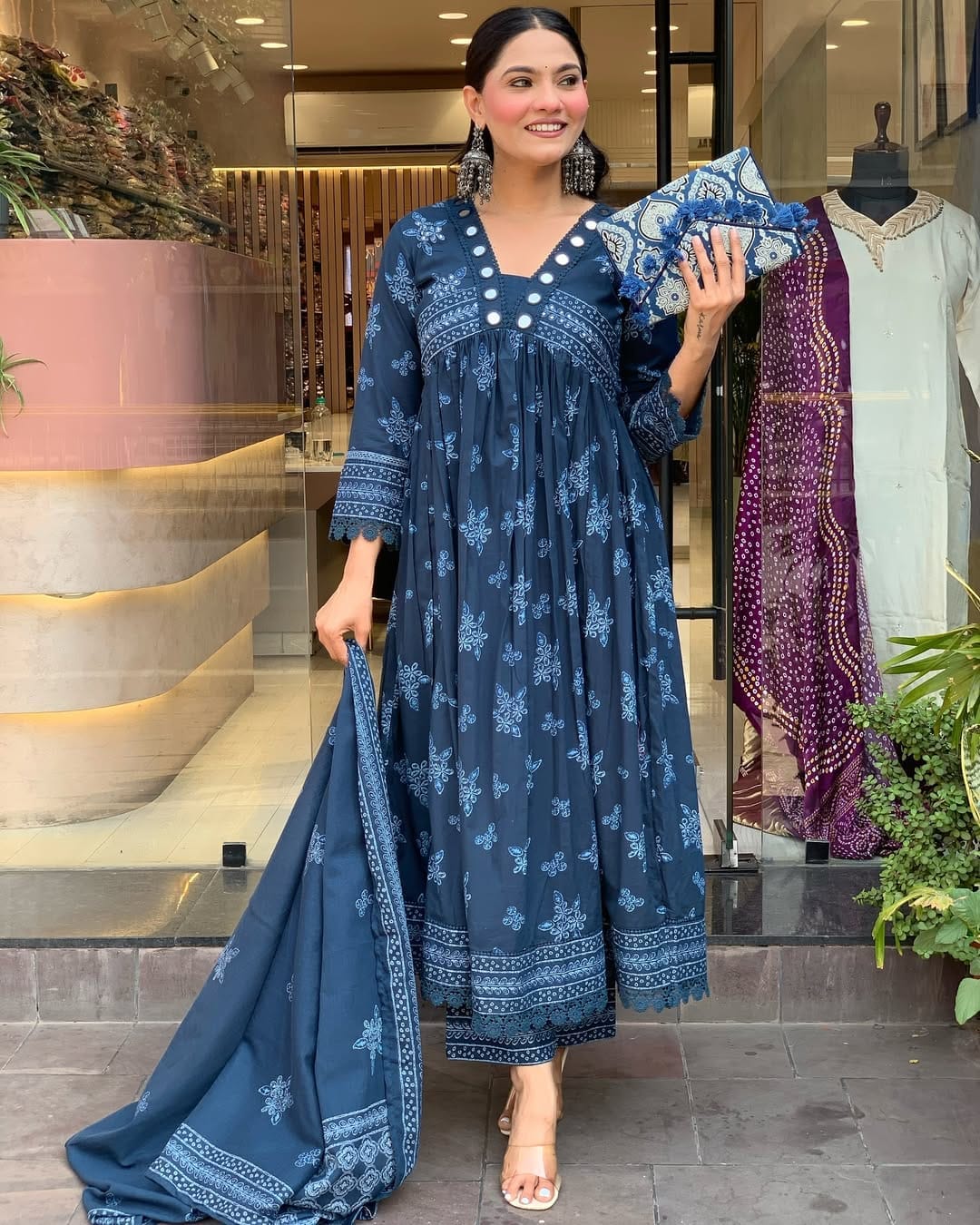 Indigo Anarkali Kurti Set with Mirror & Floral Block Print Detailing.