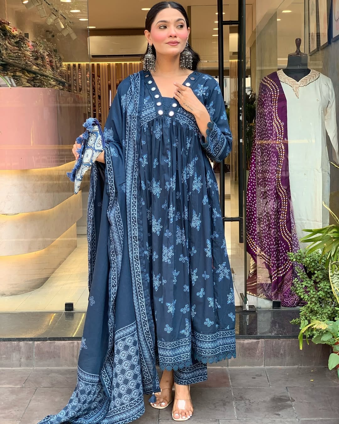 Indigo Anarkali Kurti Set with Mirror & Floral Block Print Detailing.