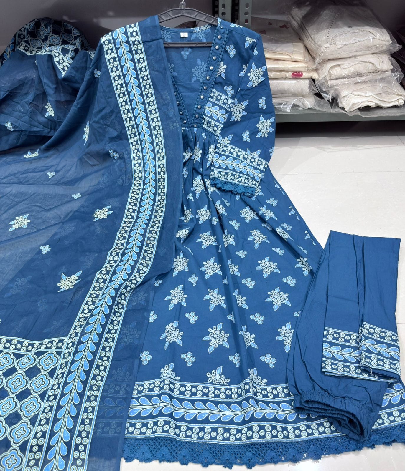 Indigo Anarkali Kurti Set with Mirror & Floral Block Print Detailing.