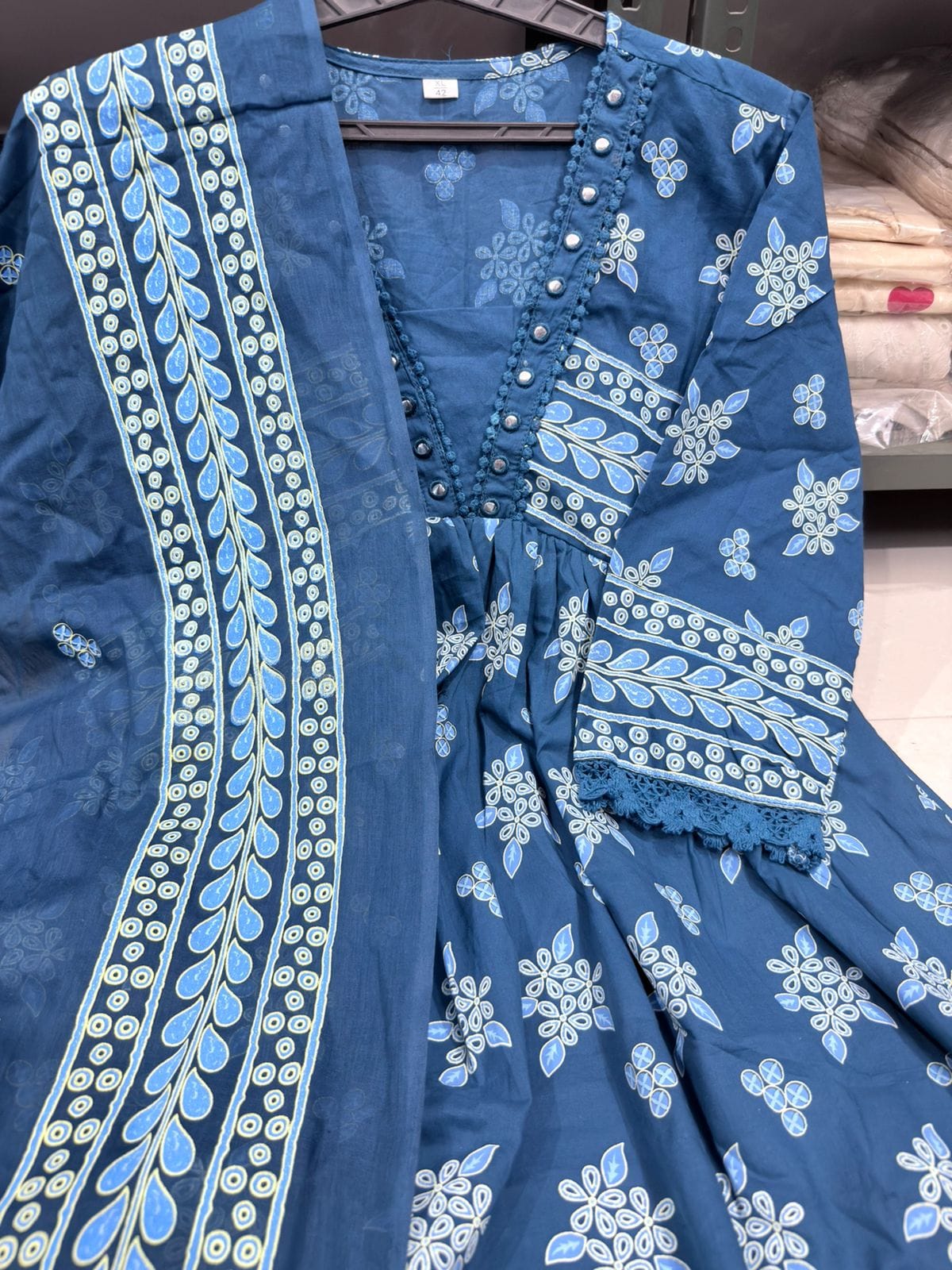 Indigo Anarkali Kurti Set with Mirror & Floral Block Print Detailing.