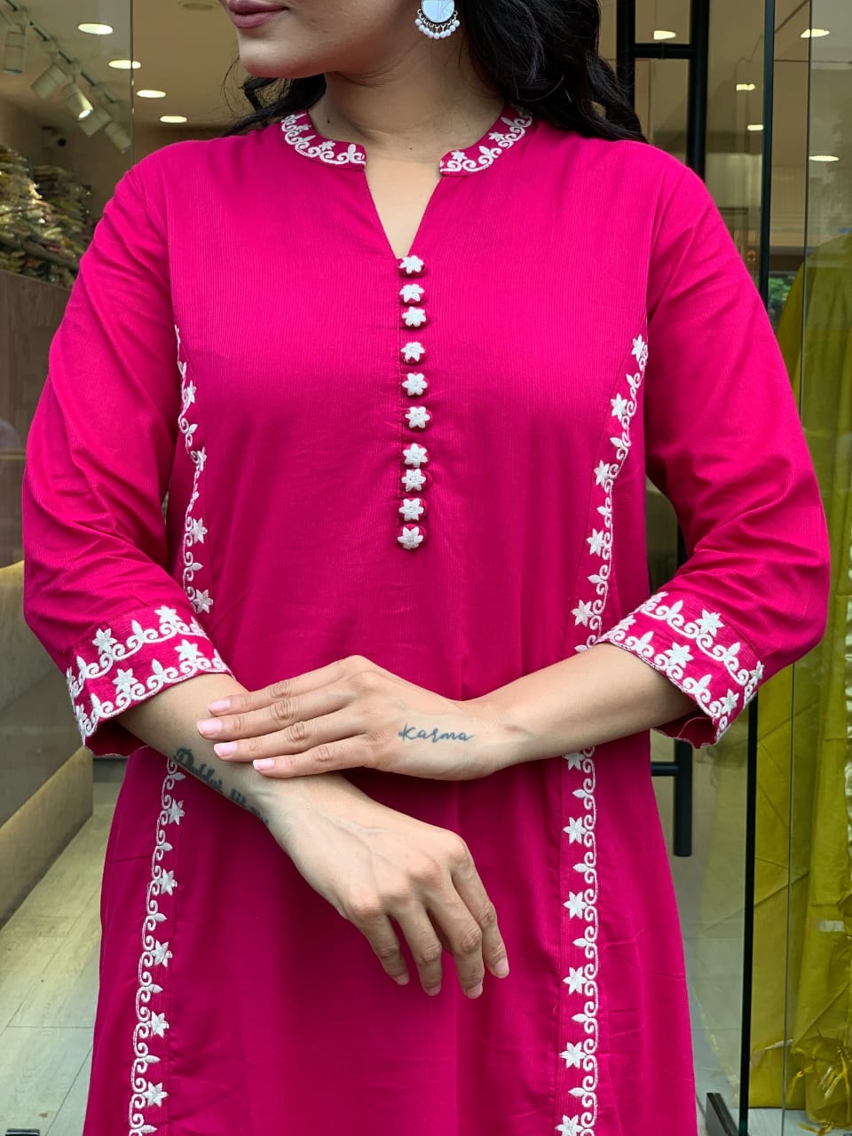 Fuchsia Cotton Kurti Set with Delicate Embroidery.