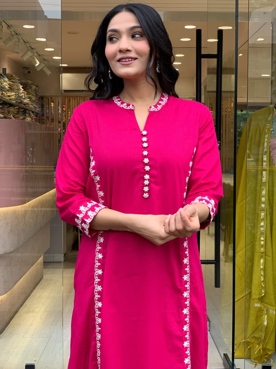 Fuchsia Cotton Kurti Set with Delicate Embroidery.