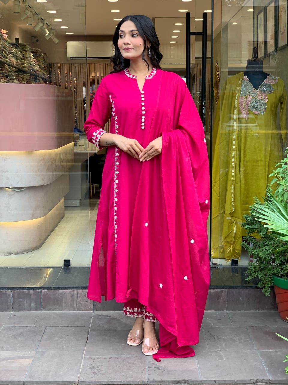 Fuchsia Cotton Kurti Set with Delicate Embroidery.