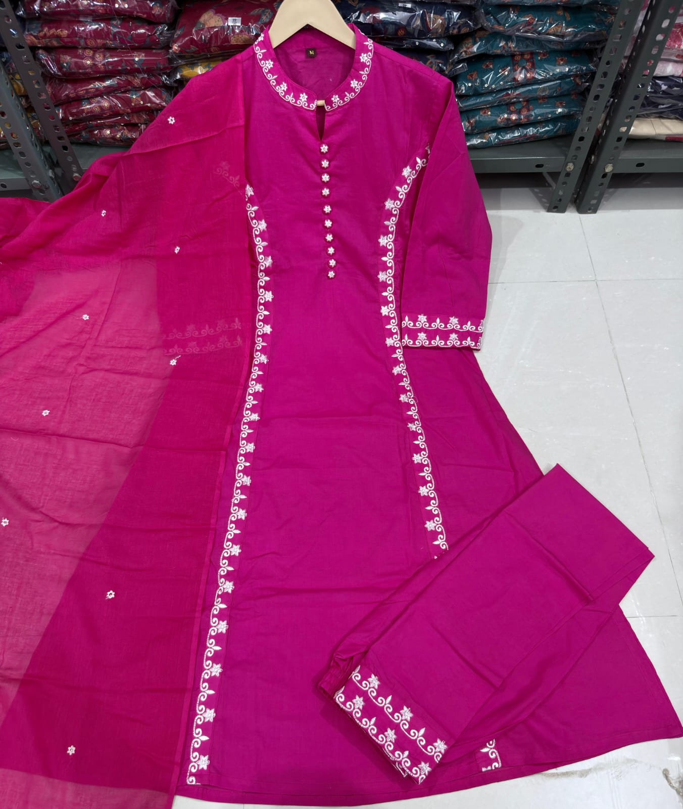 Fuchsia Cotton Kurti Set with Delicate Embroidery.