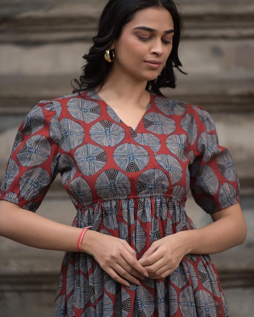 Rust-Orange Navy Blue Cotton Midi Dress with Puffed Sleeves.