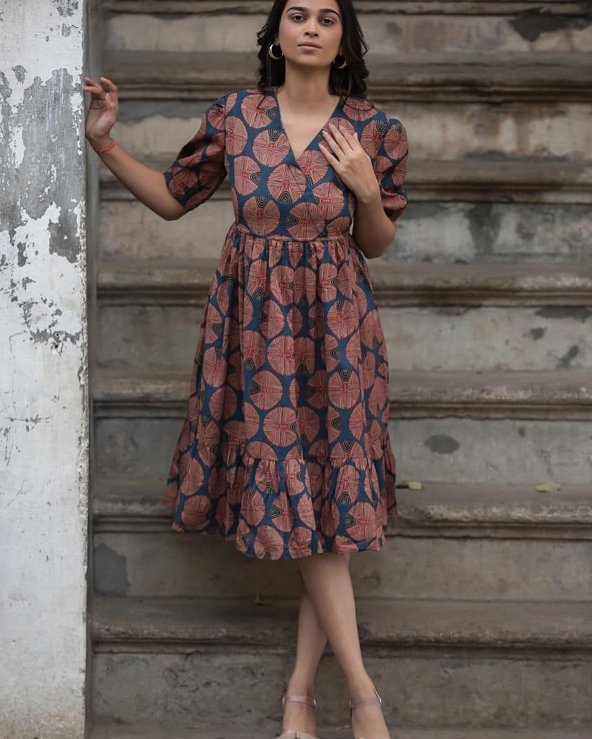 Rust-Orange Navy Blue Cotton Midi Dress with Puffed Sleeves.