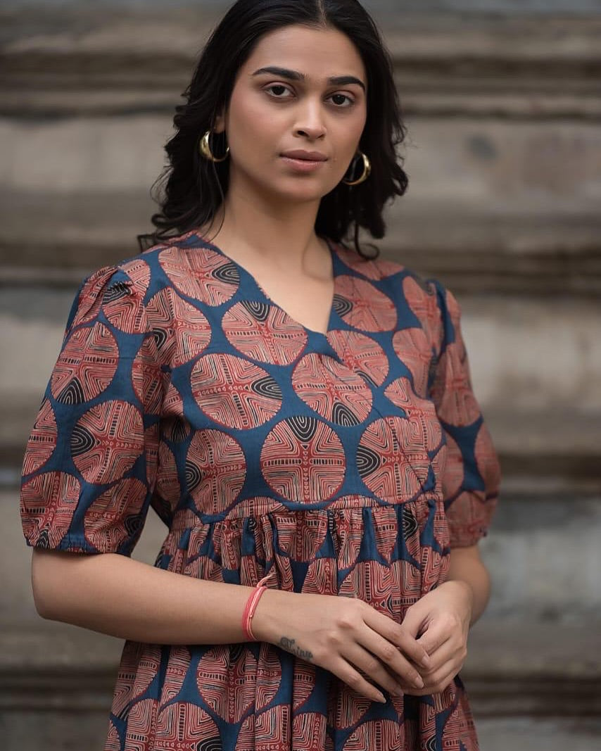 Rust-Orange Navy Blue Cotton Midi Dress with Puffed Sleeves.