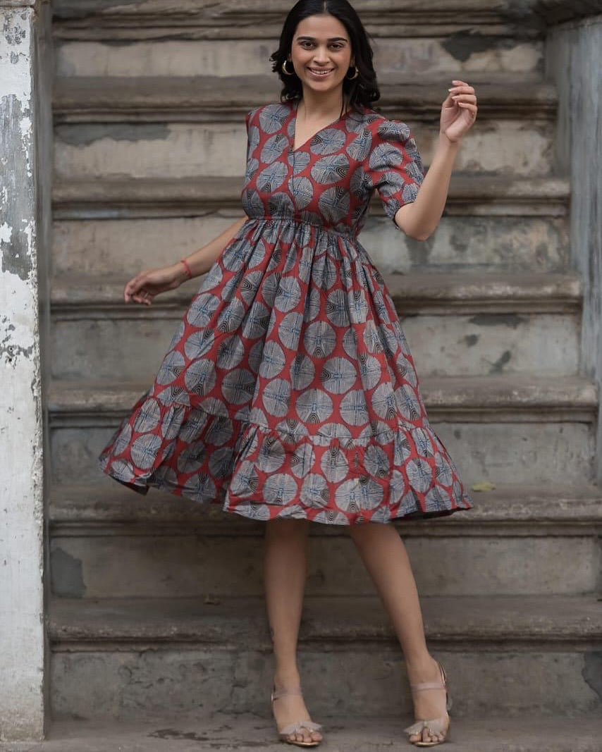 Rust-Orange Navy Blue Cotton Midi Dress with Puffed Sleeves.