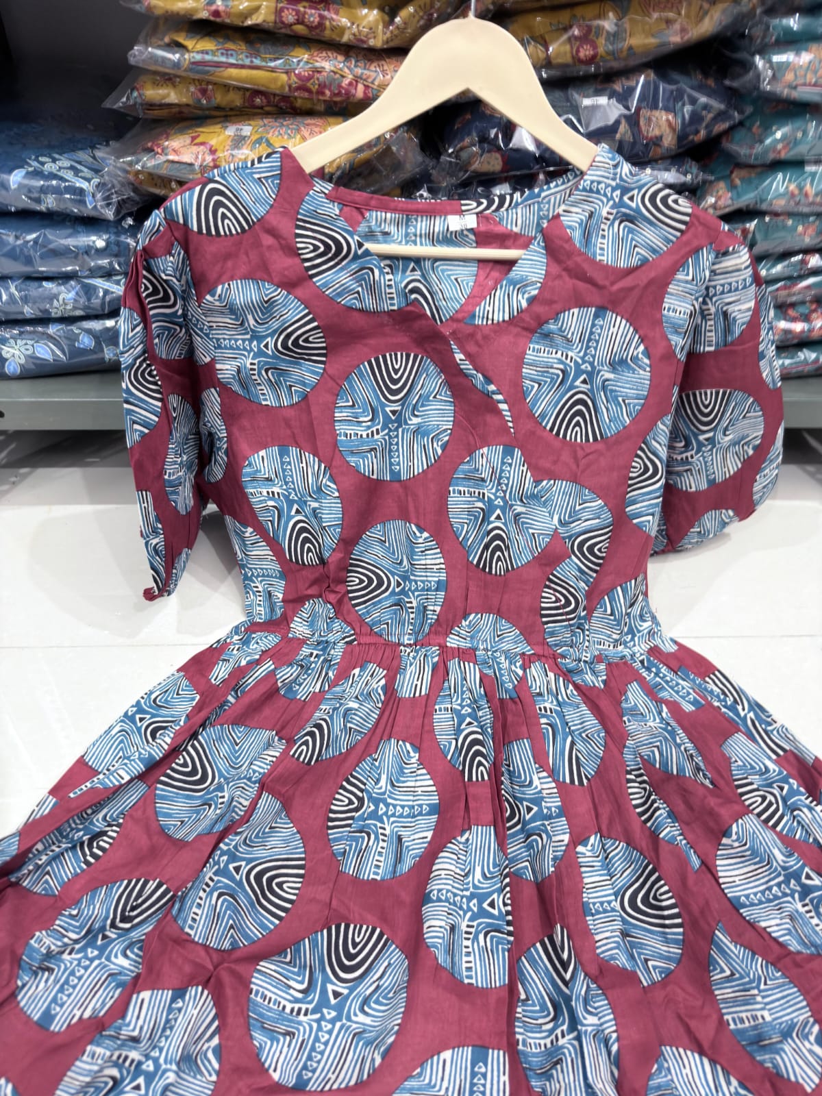 Rust-Orange Navy Blue Cotton Midi Dress with Puffed Sleeves.