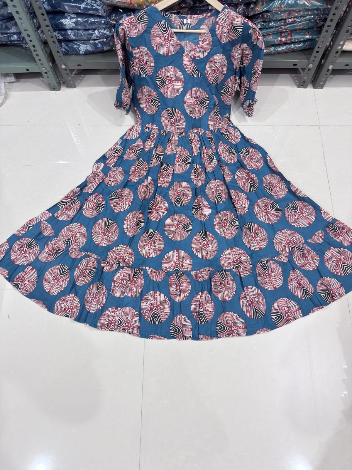 Rust-Orange Navy Blue Cotton Midi Dress with Puffed Sleeves.