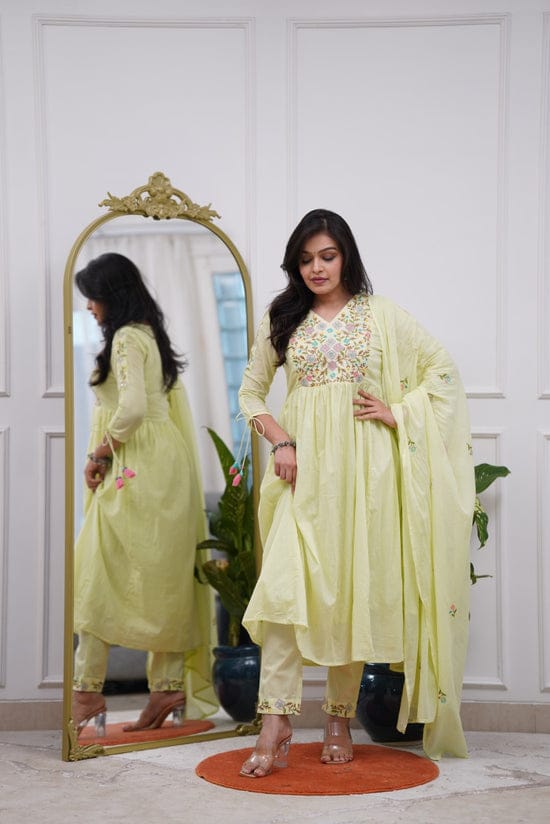 Pastel Green Anarkali Kurta Set with Embroidery & Dori Detailing.