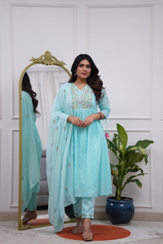 Pastel Green Anarkali Kurta Set with Embroidery & Dori Detailing.