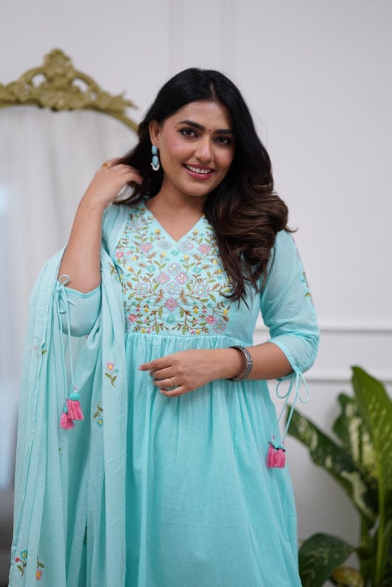 Pastel Green Anarkali Kurta Set with Embroidery & Dori Detailing.