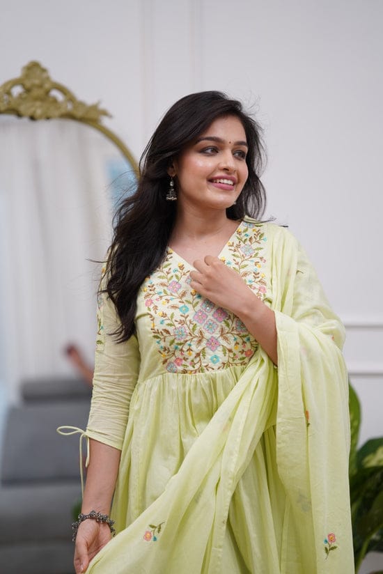 Pastel Green Anarkali Kurta Set with Embroidery & Dori Detailing.