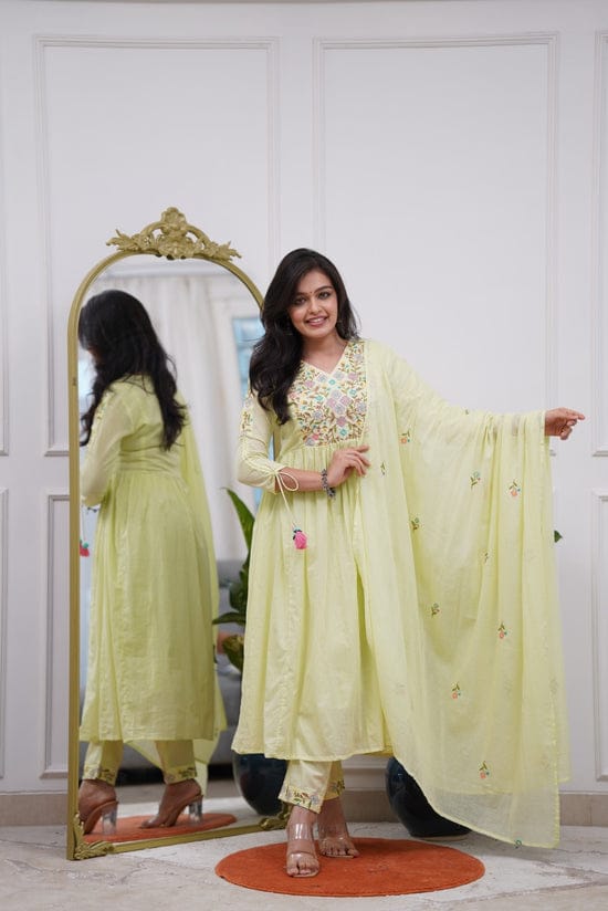 Pastel Green Anarkali Kurta Set with Embroidery & Dori Detailing.