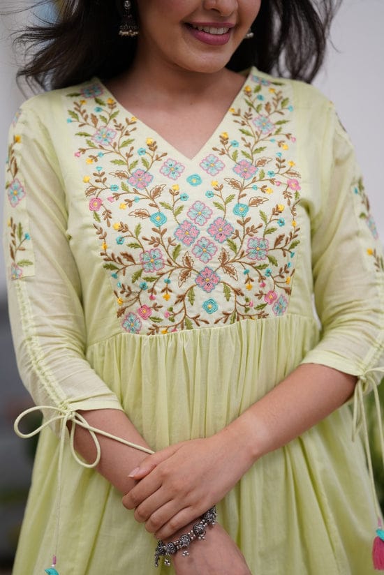 Pastel Green Anarkali Kurta Set with Embroidery & Dori Detailing.