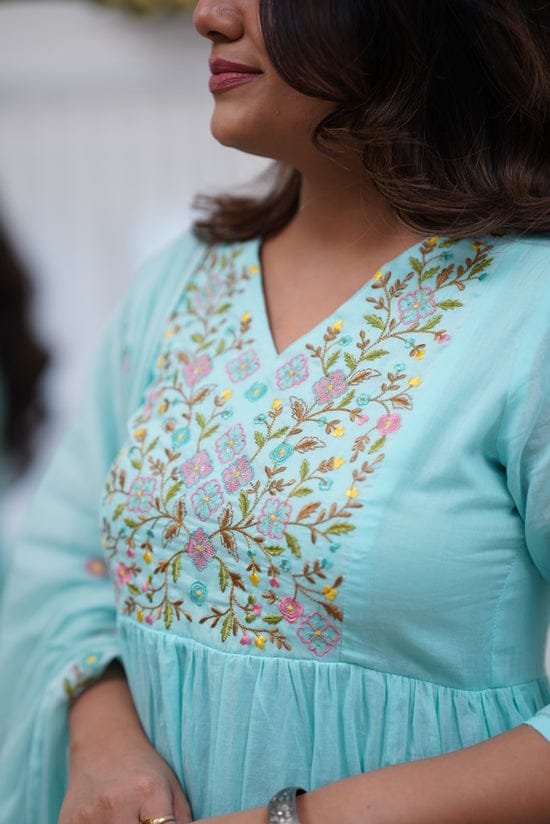 Pastel Green Anarkali Kurta Set with Embroidery & Dori Detailing.