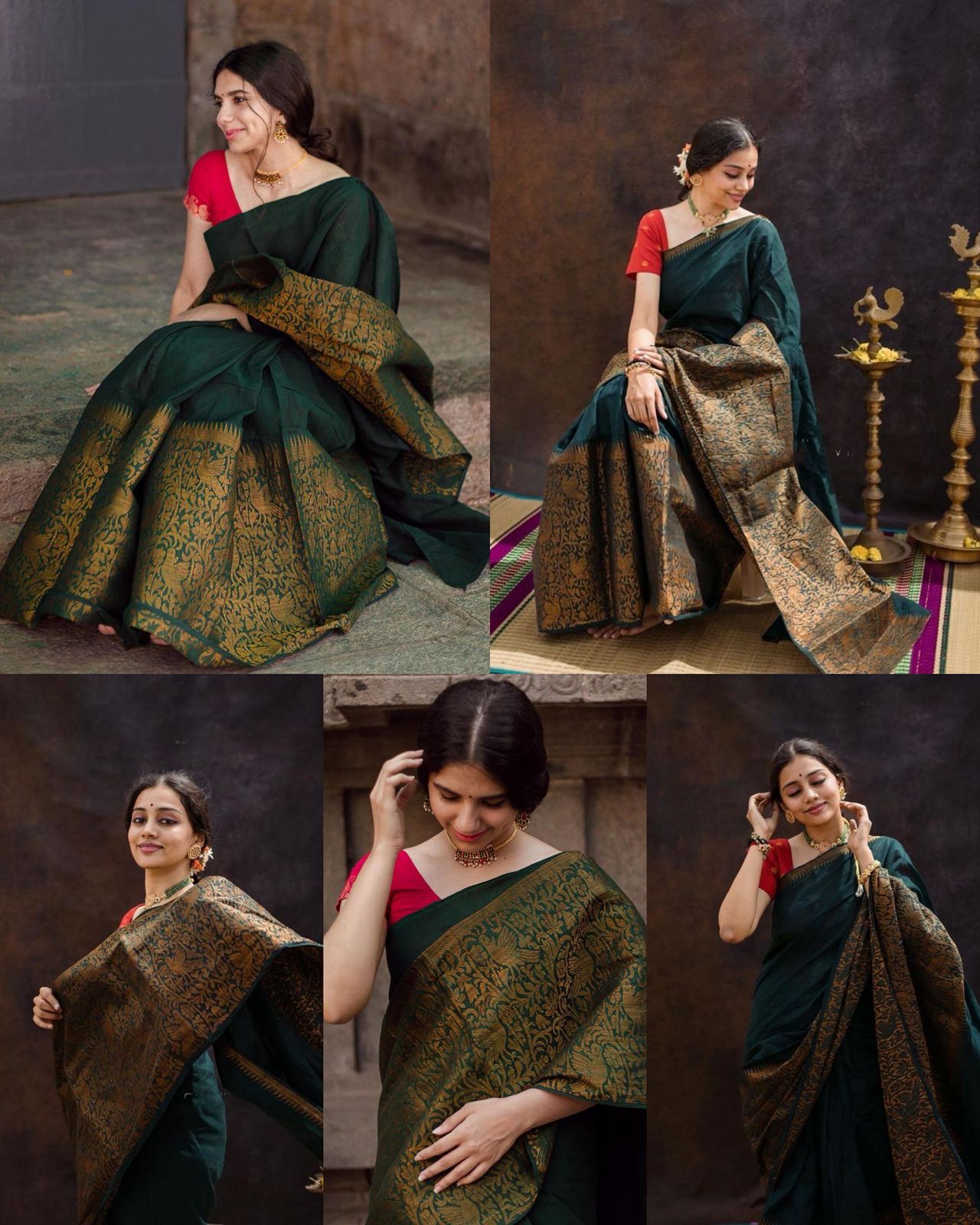 Dark Green Litchi Silk Saree with Red Jacquard Blouse.