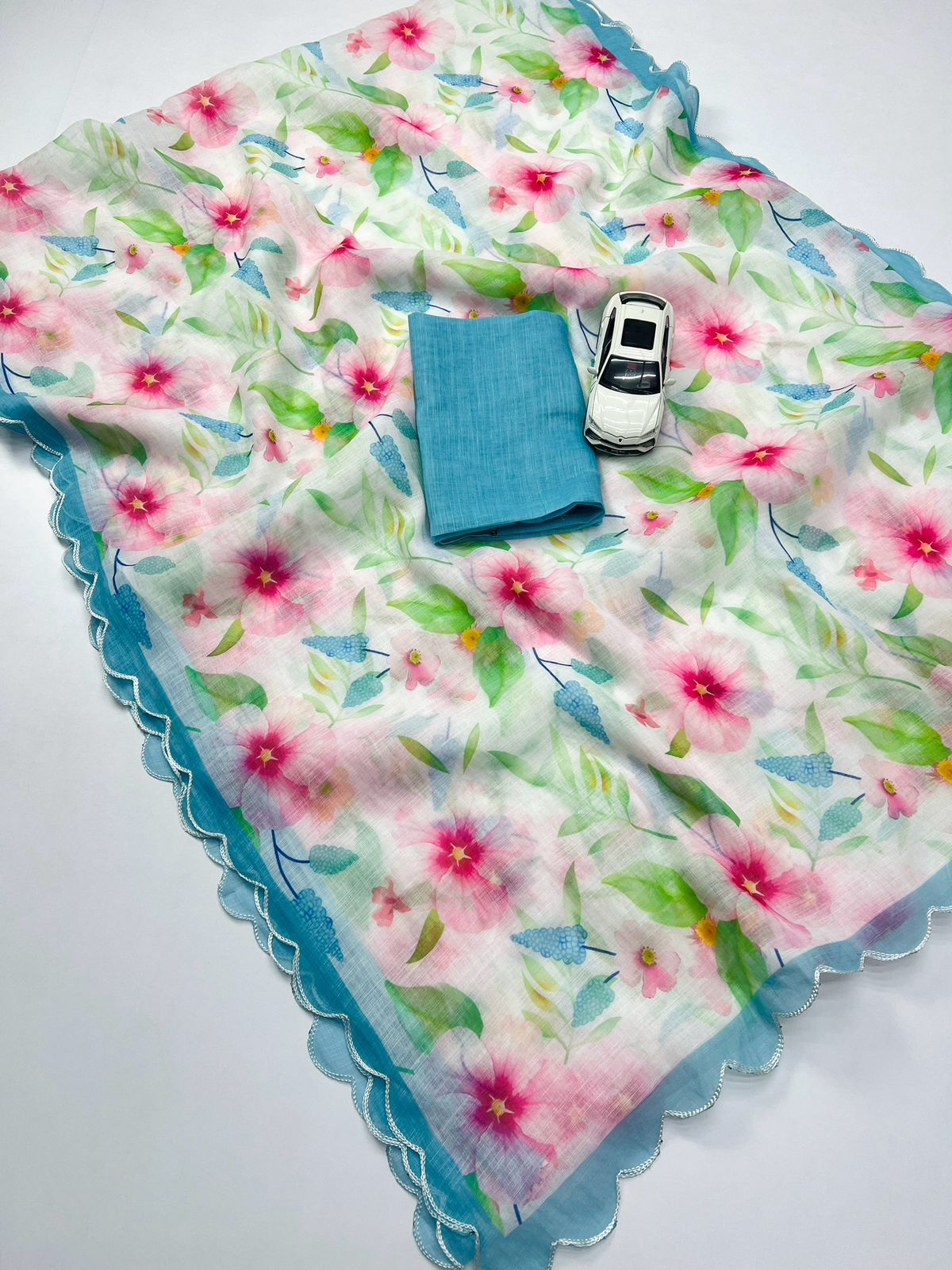 Off-White Linen Saree with Multicolour Floral Digital Print
