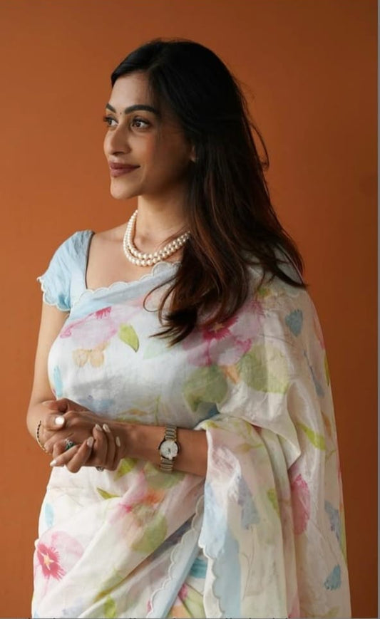 Off-White Linen Saree with Multicolour Floral Digital Print