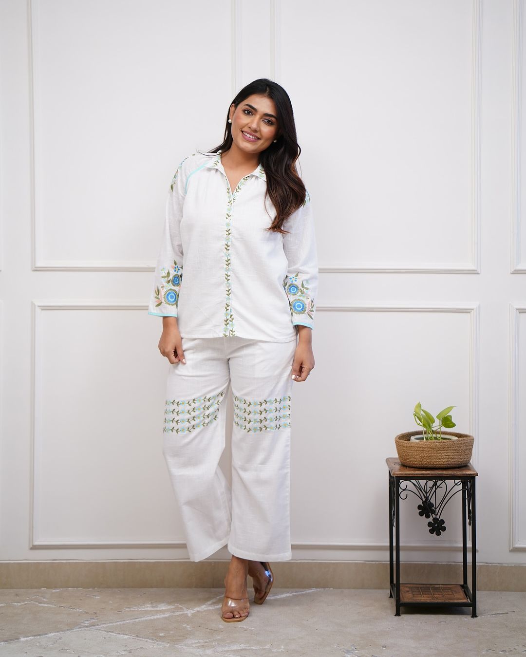 White Cotton Co-ord Set with Floral Embroidery.