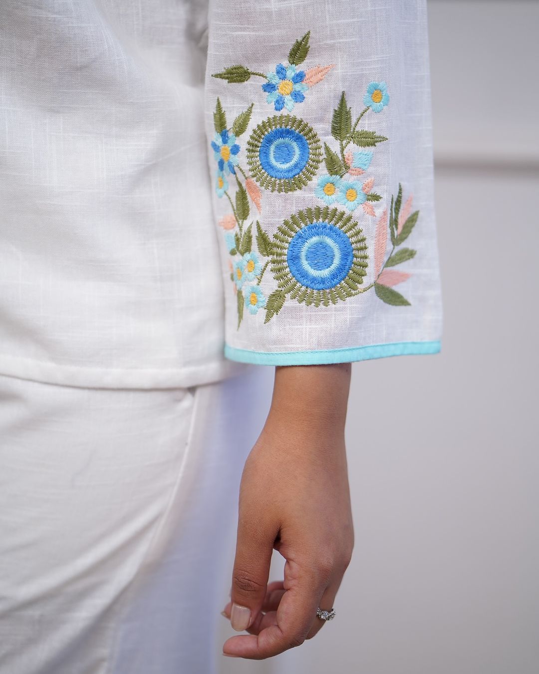 White Cotton Co-ord Set with Floral Embroidery.