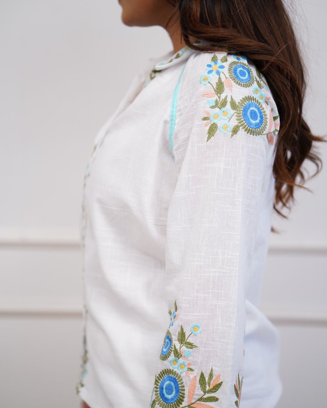 White Cotton Co-ord Set with Floral Embroidery.
