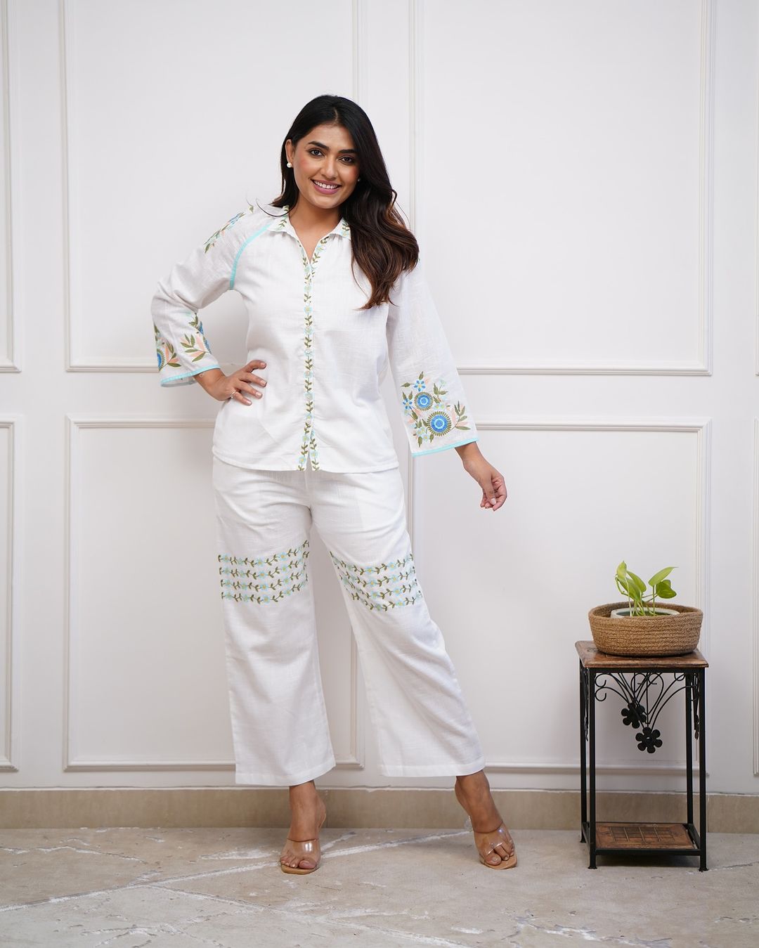 White Cotton Co-ord Set with Floral Embroidery.