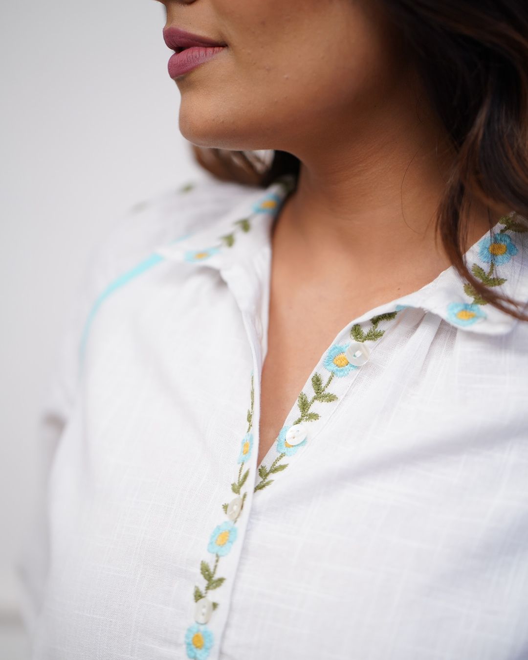 White Cotton Co-ord Set with Floral Embroidery.