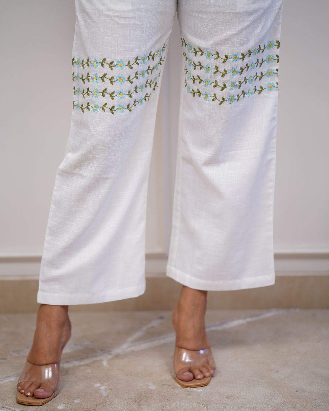 White Cotton Co-ord Set with Floral Embroidery.