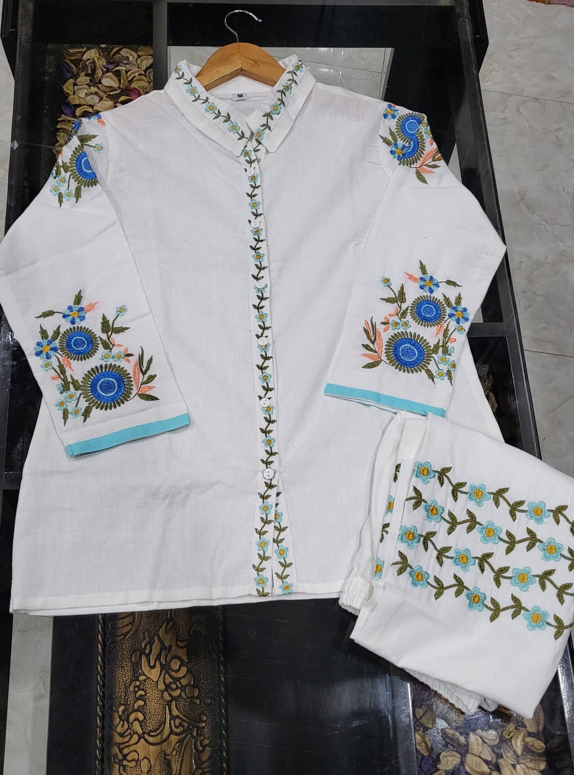 White Cotton Co-ord Set with Floral Embroidery.