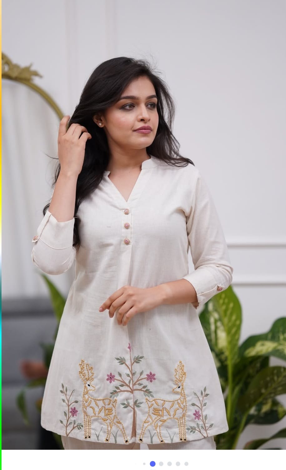 Ivory Cotton-Linen Co-ord Set with Deer Motif Embroidery
