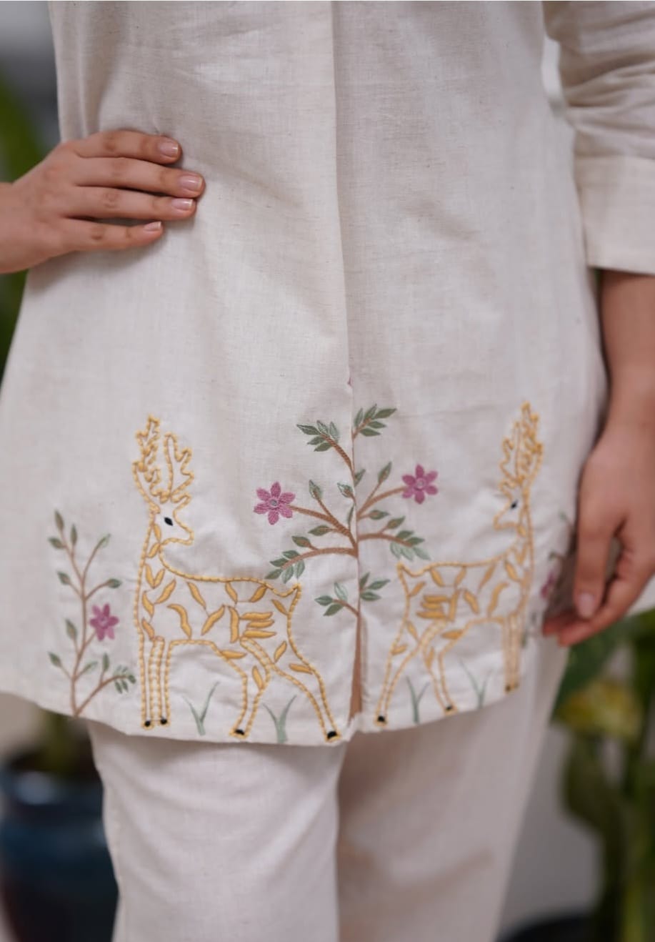 Ivory Cotton-Linen Co-ord Set with Deer Motif Embroidery